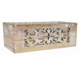 White Wash Rectangular Wooden Container w/Cut Out Design 