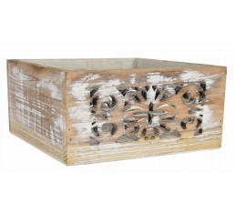 White Washed Square Wooden Container w/Cut Out Design 