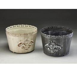 Round Metal Planter w/ Embossed Fleur de Lis