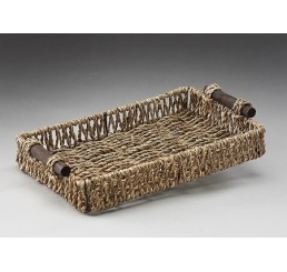 Rectangular Seagrass Tray with Metal Frame and Wooden Ear Handles 