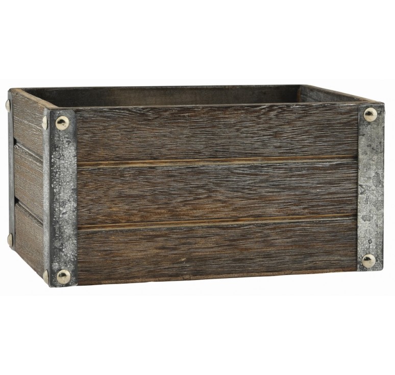 Brown Stain Rectangular Wooden Container w/Metal Accents