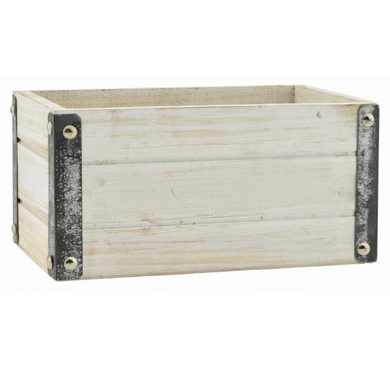 White Wash Rectangular Wooden Container w/Metal Accents