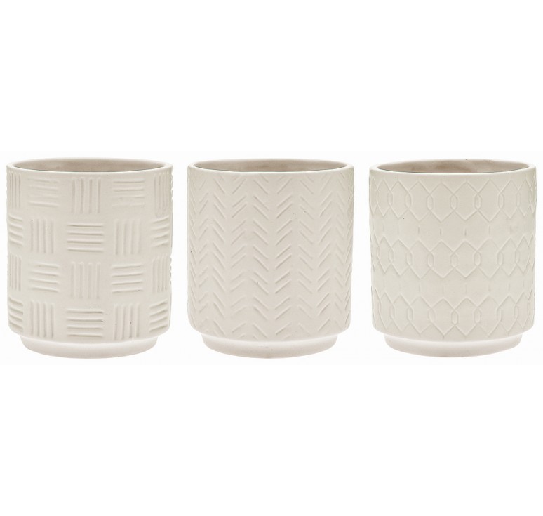 Embossed, White Ceramic Pots  