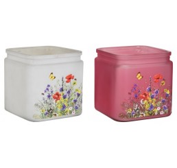 Frosted Square Glass Cubes w/ Flower Decal; 2 Assorted