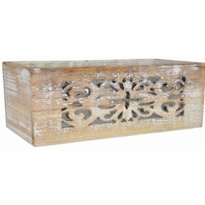 White Wash Rectangular Wooden Container with Cut Out Design