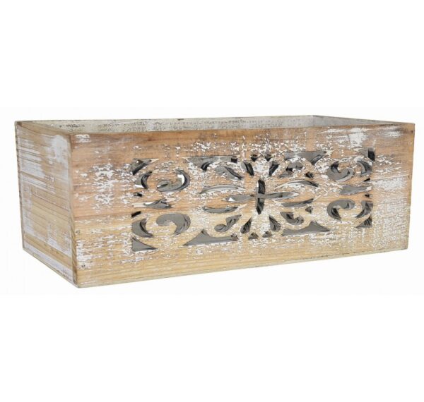 White Wash Rectangular Wooden Container with Cut Out Design