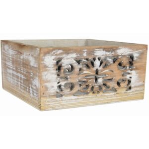 White Washed Square Wooden Container with Cut Out Design