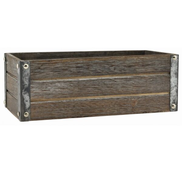 Brown Stain Rectangular Wooden Container with Metal Accents
