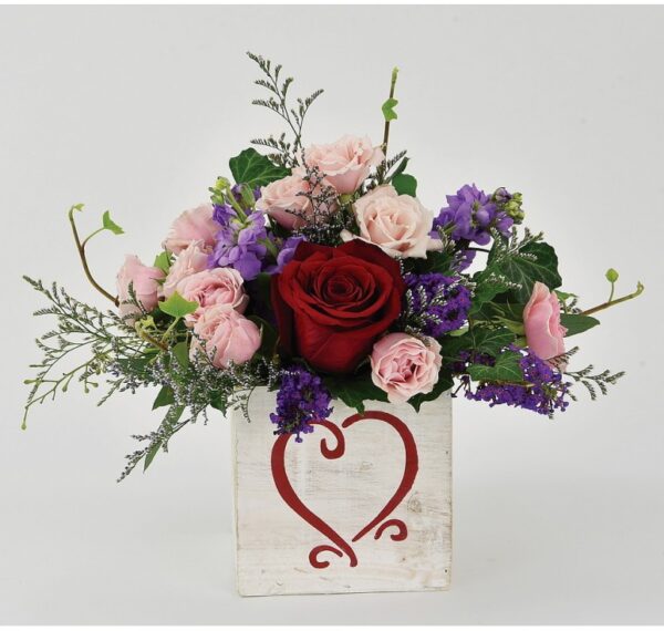 Wooden Cube with Heart Design with flowers