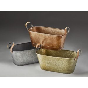 Galvanized Oval Metal Cont. with Faux Leather Ear Handles