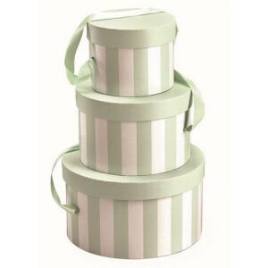 Round Set of 3 Box with Attached Ribbon - Green/White