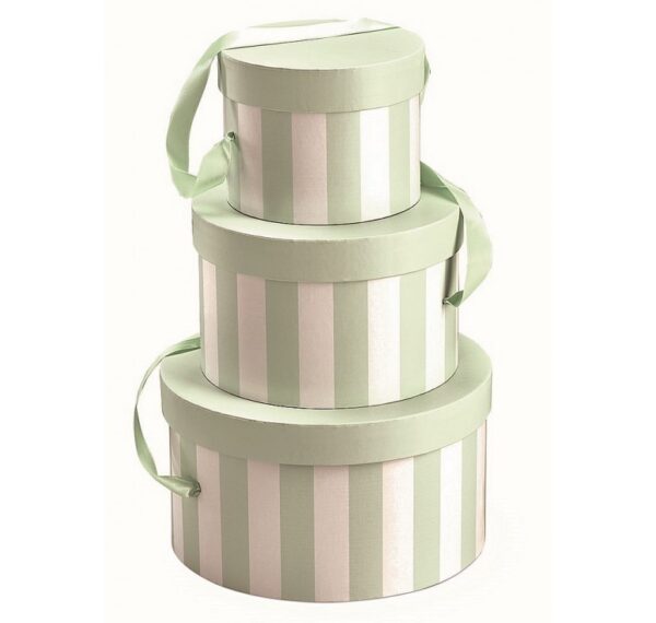 Round Set of 3 Box with Attached Ribbon - Green/White