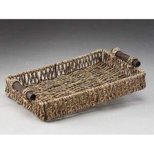 Rectangular Seagrass Tray with Metal Frame and Wooden Ear Handles