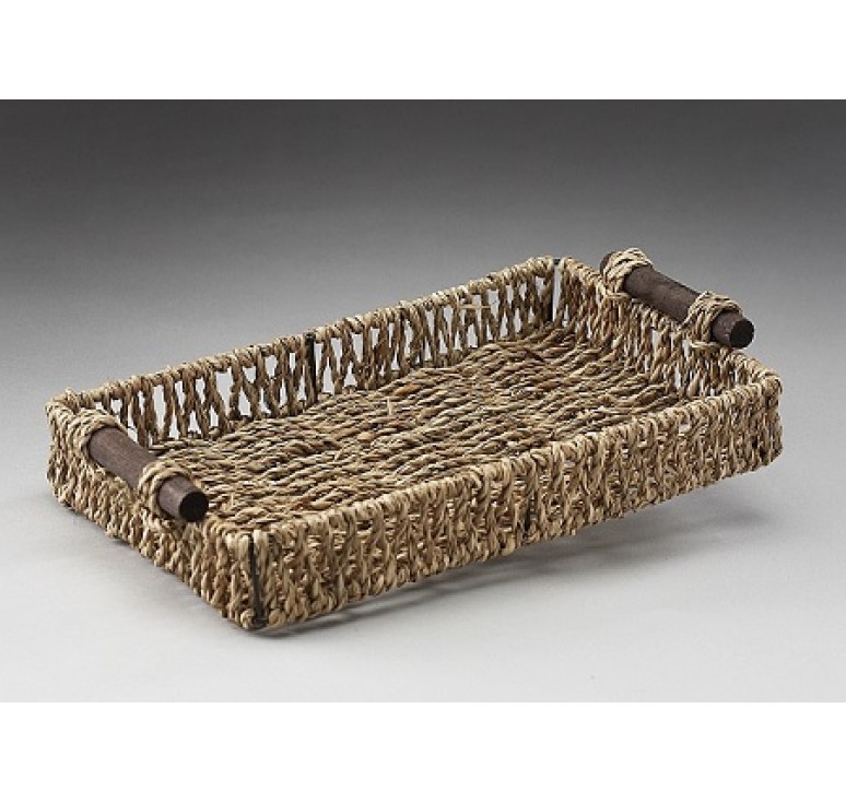 Rectangular Seagrass Tray with Metal Frame and Wooden Ear Handles
