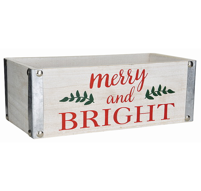 White Washed Wooden Container w/Metal Corners