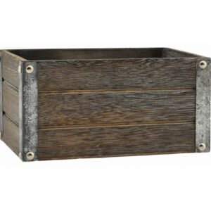 Brown Stain Rectangular Wooden Container with Metal Accents
