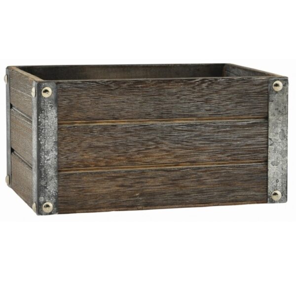 Brown Stain Rectangular Wooden Container with Metal Accents