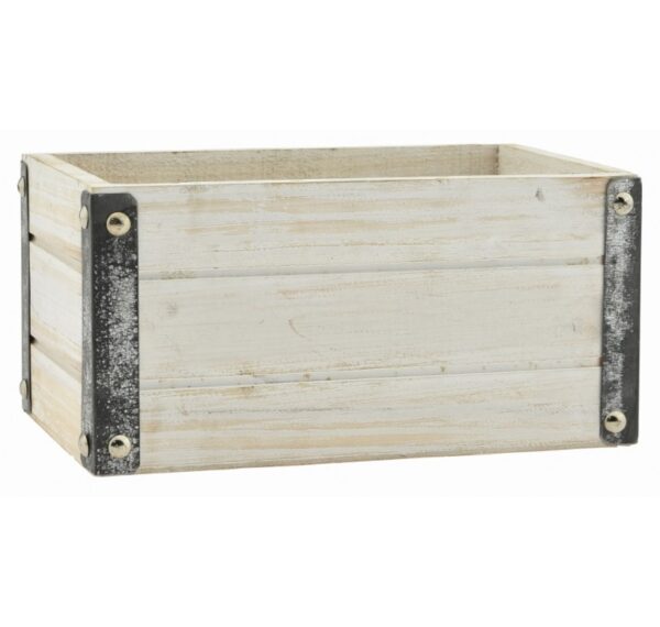 White Wash Rectangular Wooden Container with Metal Accents