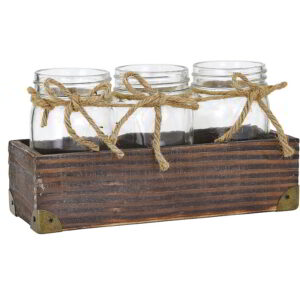 Brown Stain Wood Container with Three Glass Vases