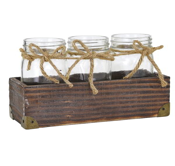 Brown Stain Wood Container with Three Glass Vases