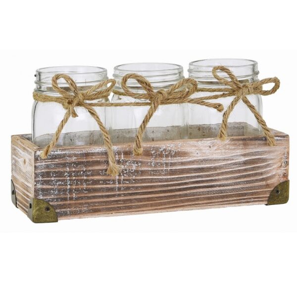 Whitewash Wood Container with Three Glass Vases