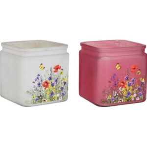 Frosted Square Glass Cubes with Flower Decal; 2 Assorted