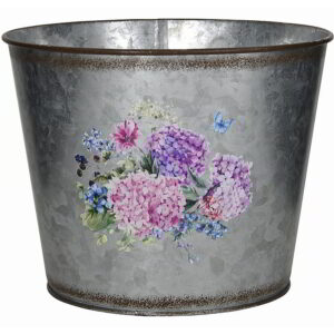 Galvanized Metal Planter with Hydrangea Design