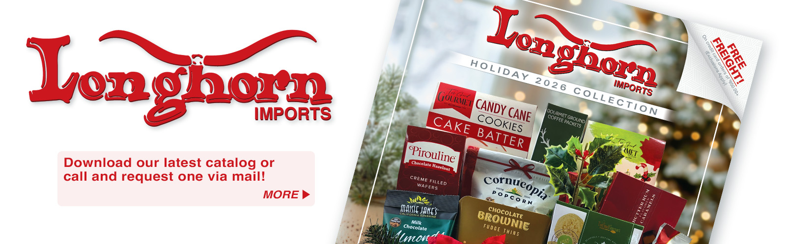 Longhorn Imports logo beside Holiday 2026 Collection catalog cover featuring gourmet snacks and treats